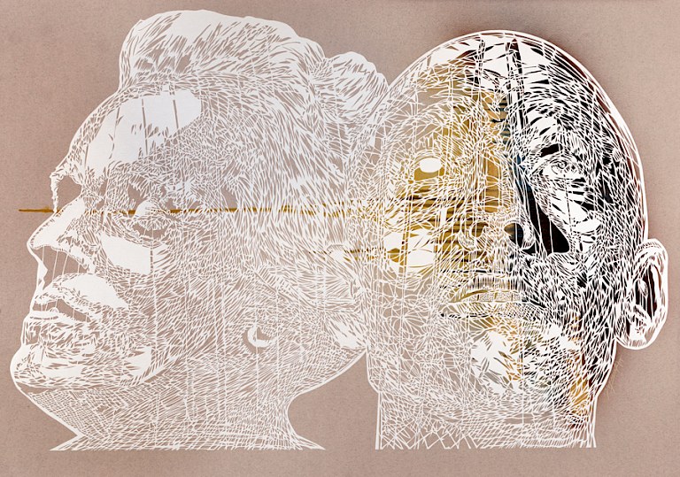 Rostros 8, 2014. Hand-cut paper on cardboard. 68 × 100 cm. Patricio Rodríguez