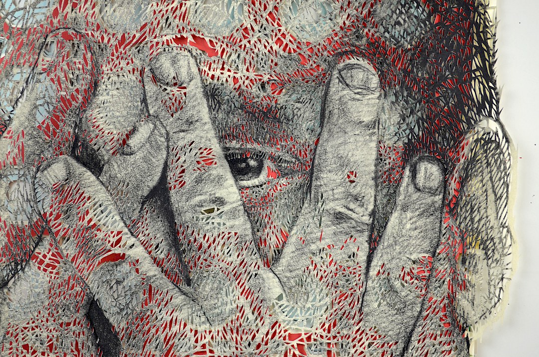 Machete, 2016. Mixed media, hand-cut newspapers, hand-cut paper on cardboard. 91 × 61 cm. Patricio Rodríguez (detail)