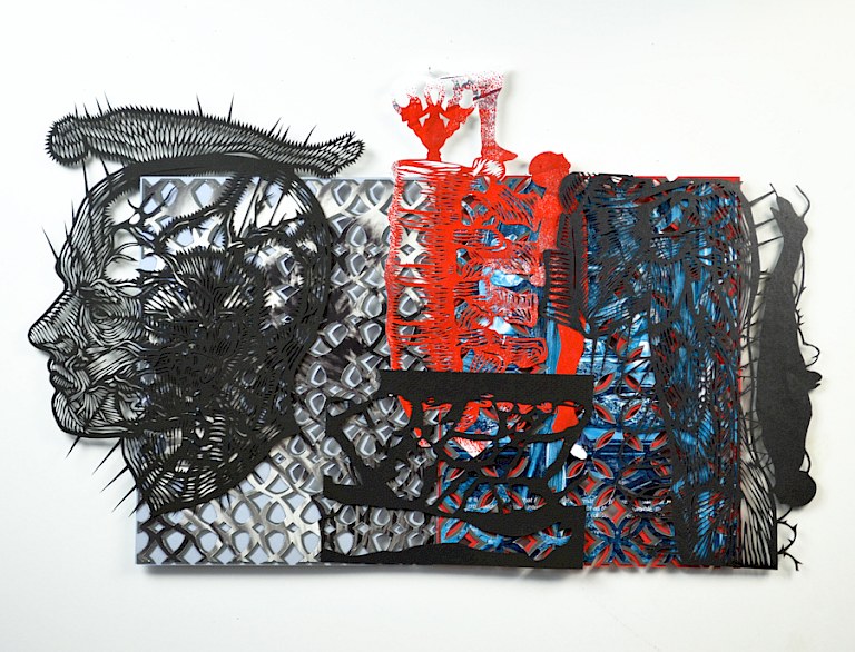 Untitled, 2020. Hand-cut paper, hand-cut pages of Sotheby's catalog on cardboard. 46 × 71 cm. Patricio Rodríguez