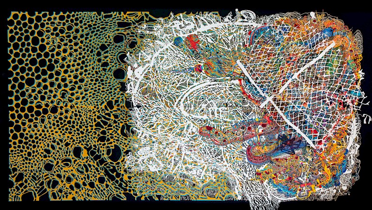 Detrás de la luz más brillante…, 2015. Markers, hand-cut paper, hand-cut newspaper on cardboard. 132 × 228 cm. Patricio Rodríguez