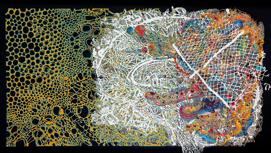 Detrás de la luz más brillante…, 2015. Markers, hand-cut paper, hand-cut newspaper on cardboard. 132 × 228 cm. Patricio Rodríguez