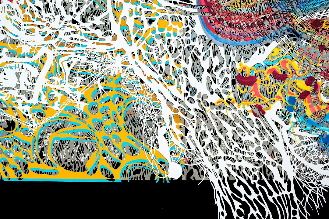 Detrás de la luz más brillante…, 2015. Markers, hand-cut paper, hand-cut newspaper on cardboard. 132 × 228 cm. Patricio Rodríguez (detail)