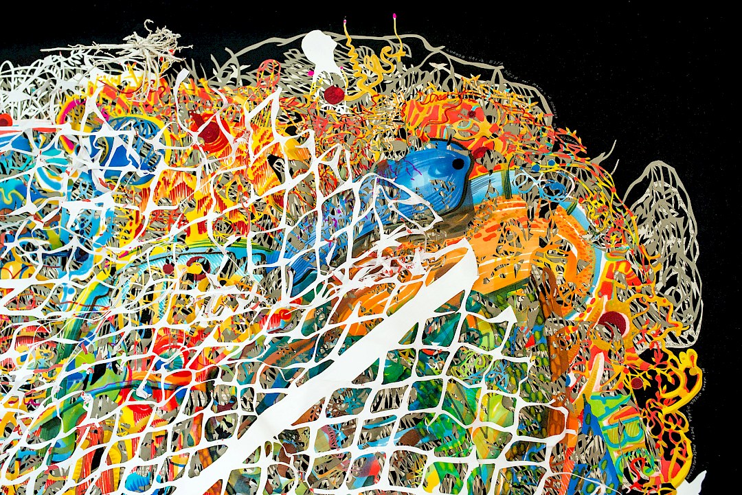 Detrás de la luz más brillante…, 2015. Markers, hand-cut paper, hand-cut newspaper on cardboard. 132 × 228 cm. Patricio Rodríguez (detail)