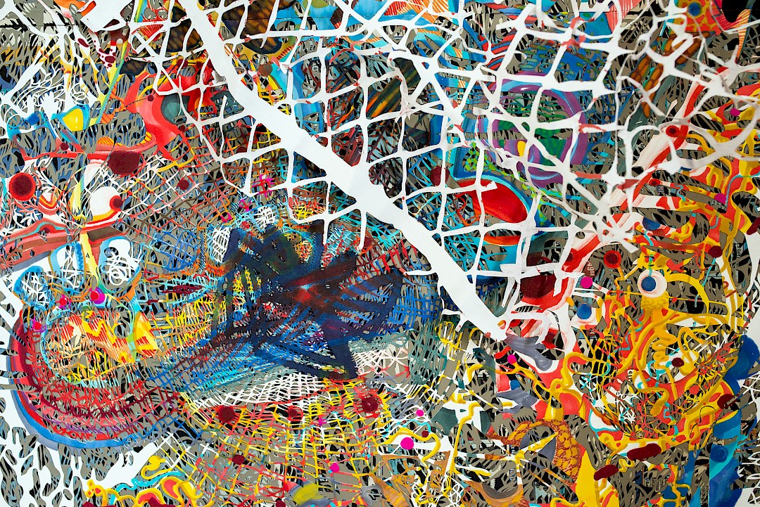 Detrás de la luz más brillante…, 2015. Markers, hand-cut paper, hand-cut newspaper on cardboard. 132 × 228 cm. Patricio Rodríguez (detail)