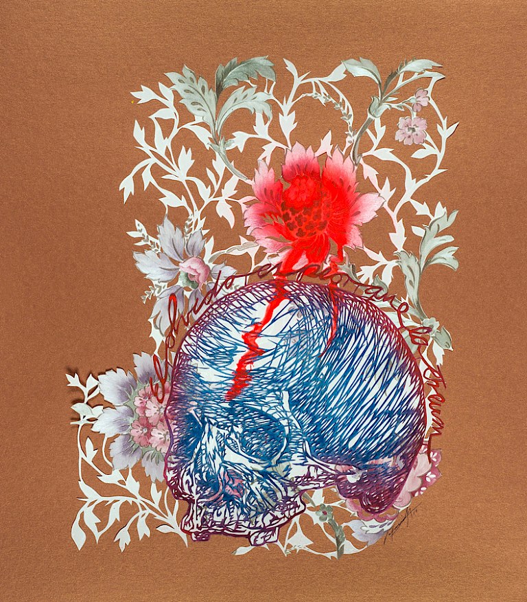 El olvido y la muerte, 2014. Spray, hand-cut paper, hand-cut wallpaper on cardboard. 45 × 40 cm. Patricio Rodríguez