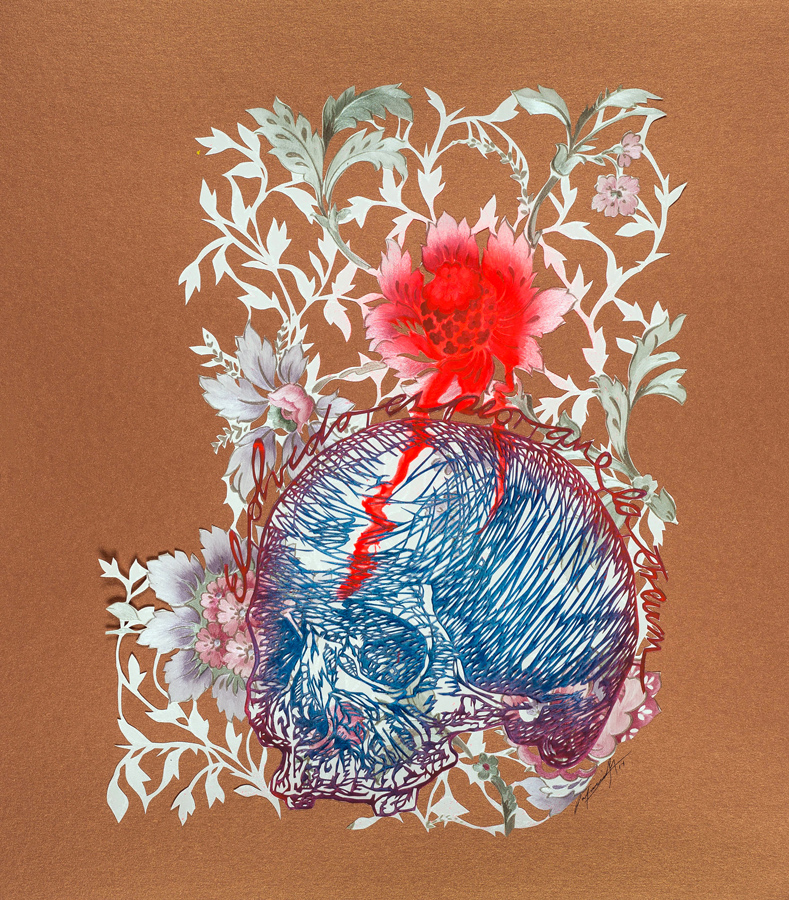 El olvido y la muerte, 2014. Spray, hand-cut paper, hand-cut wallpaper on cardboard. 45 × 40 cm. Patricio Rodríguez