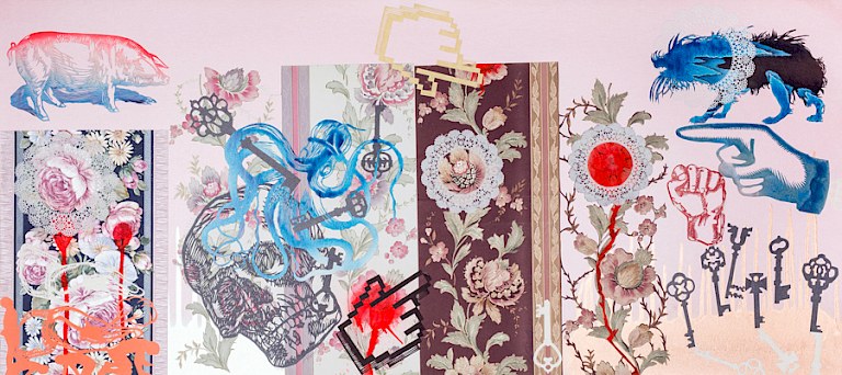 Las llaves, 2014. Hand-cut paper, hand-cut wallpaper on cardboard. 45 × 100 cm. Patricio Rodríguez