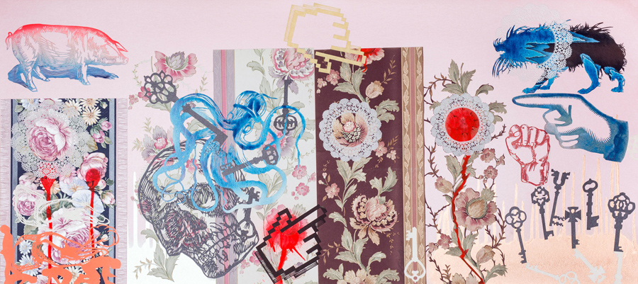 Las llaves, 2014. Hand-cut paper, hand-cut wallpaper on cardboard. 45 × 100 cm. Patricio Rodríguez