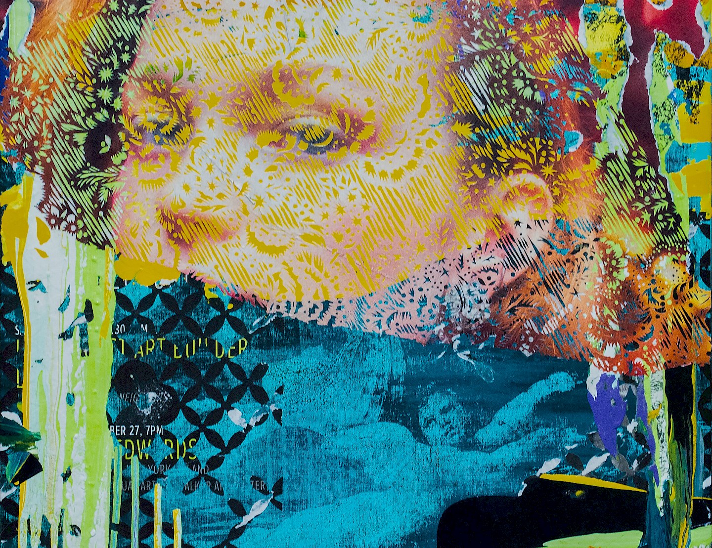 Memories. Mixed media, hand-cut street advertisements, acrylic, screen print on linen. 53.3 × 63.5 cm. Patricio Rodríguez