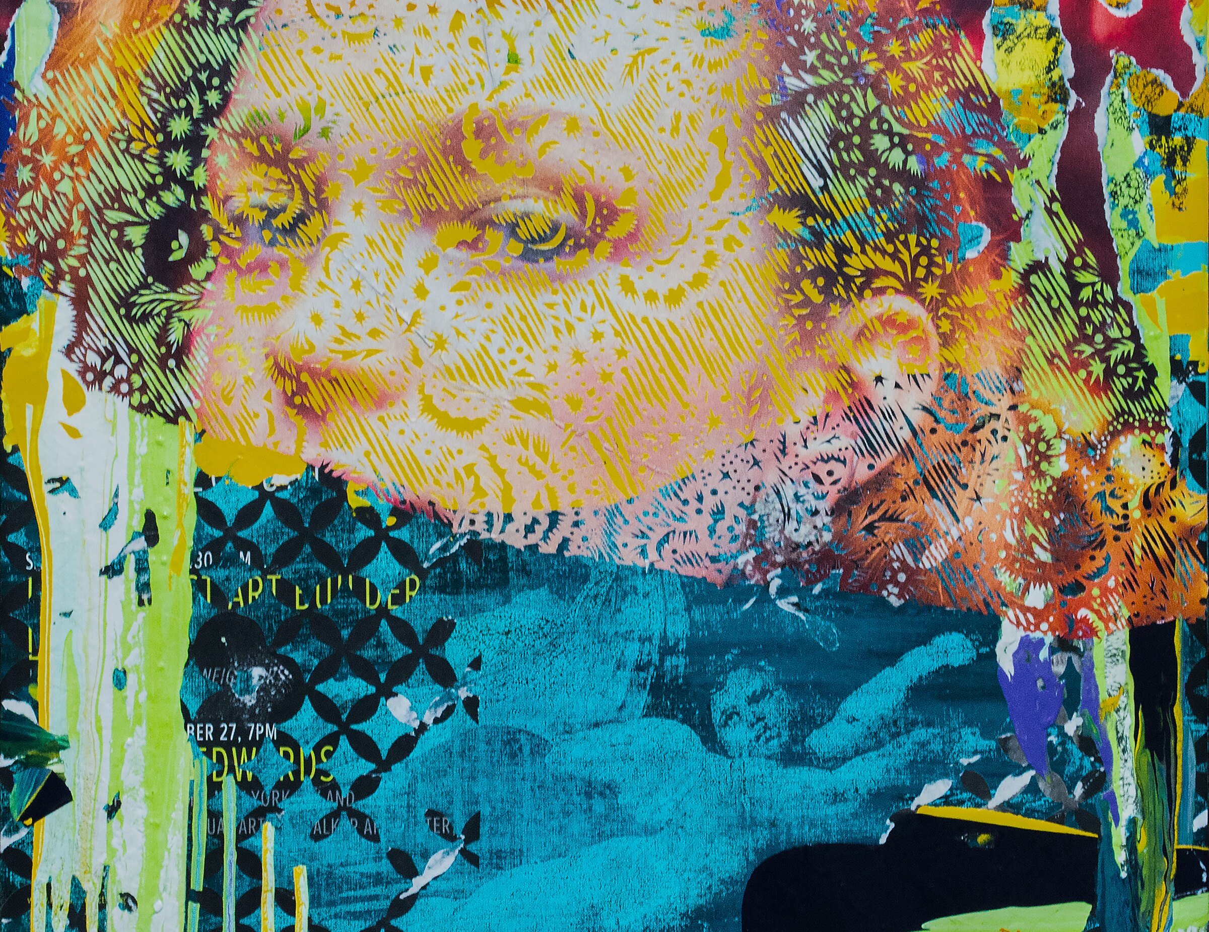 Memories. Mixed media, hand-cut street advertisements, acrylic, screen print on linen. 53.3 × 63.5 cm. Patricio Rodríguez