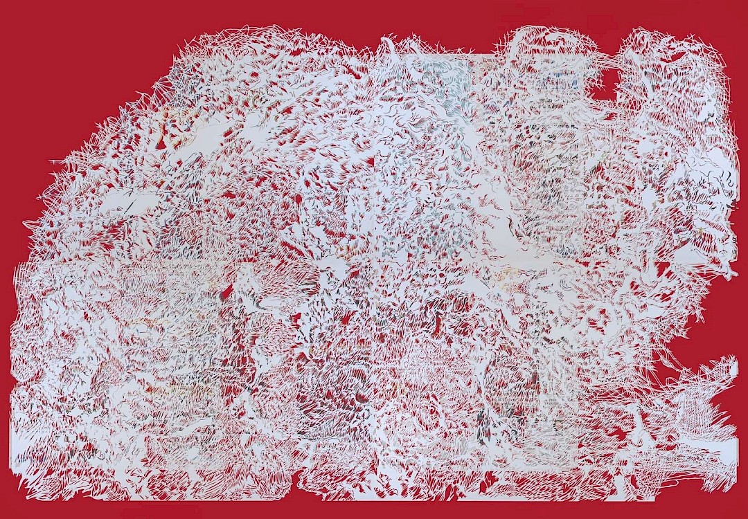 Pequeña inmensidad, 2014. Hand-cut paper, hand-cut newspaper (Miami Herald) on cardboard. 140 × 200 cm. Patricio Rodríguez