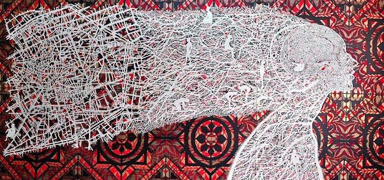 El olvido es peor que la muerte, 2012. Mixed media, hand-cut paper, spray on cardboard. 140 × 280 cm. Patricio Rodríguez