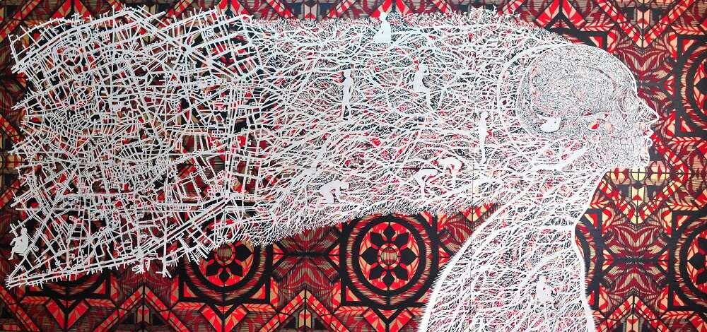 El olvido es peor que la muerte, 2012. Mixed media, hand-cut paper, spray on cardboard. 140 × 280 cm. Patricio Rodríguez